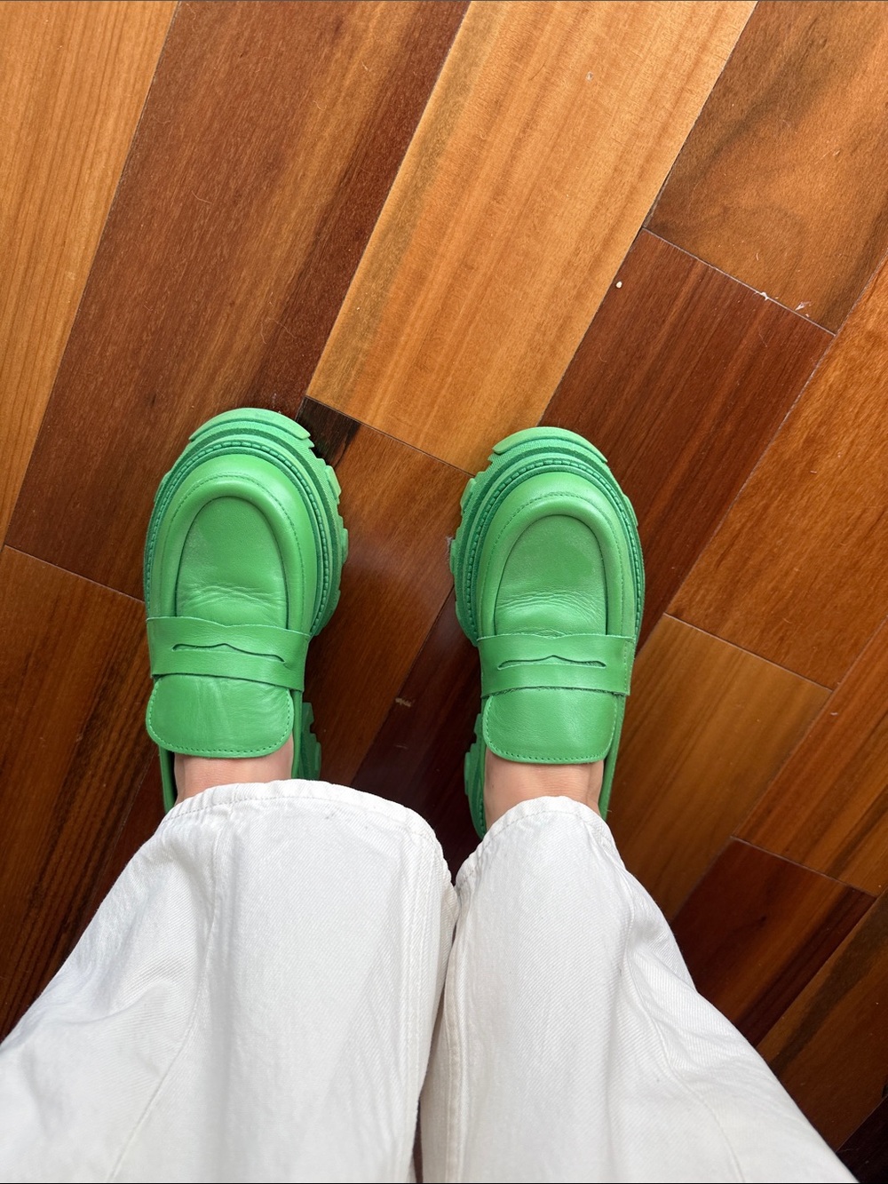 Green Leather Platform Loafers - Women's Slip-On Shoes
